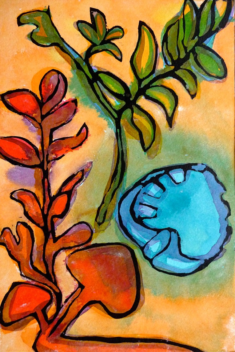 Cocklespit beach shingle - two plants with blue shell