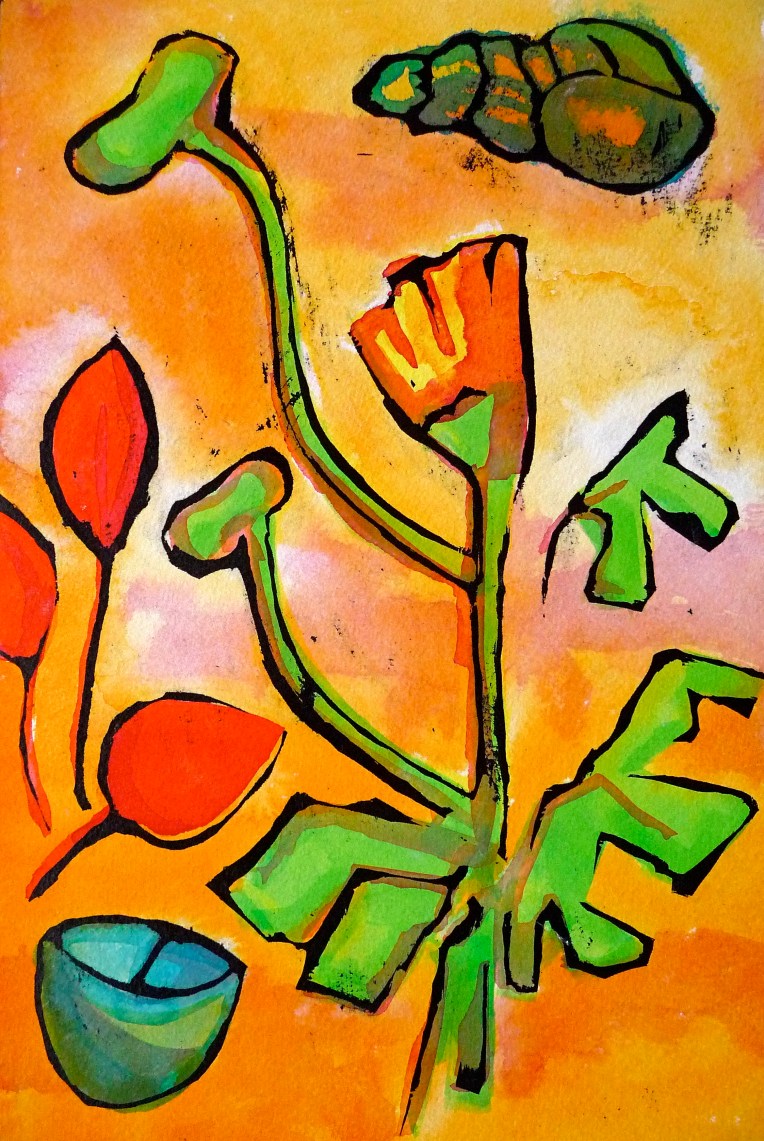 Cocklespit beach shingle, two plants and two shells