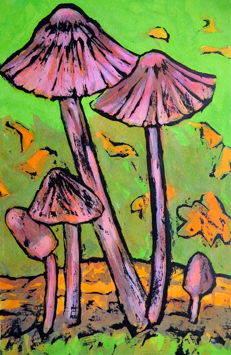 Fungi on oak twig - Jenny Hill - acrylic ink, indian ink