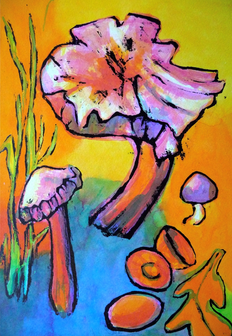 Fungi and acorn - Ink painting - Jenny Hill 